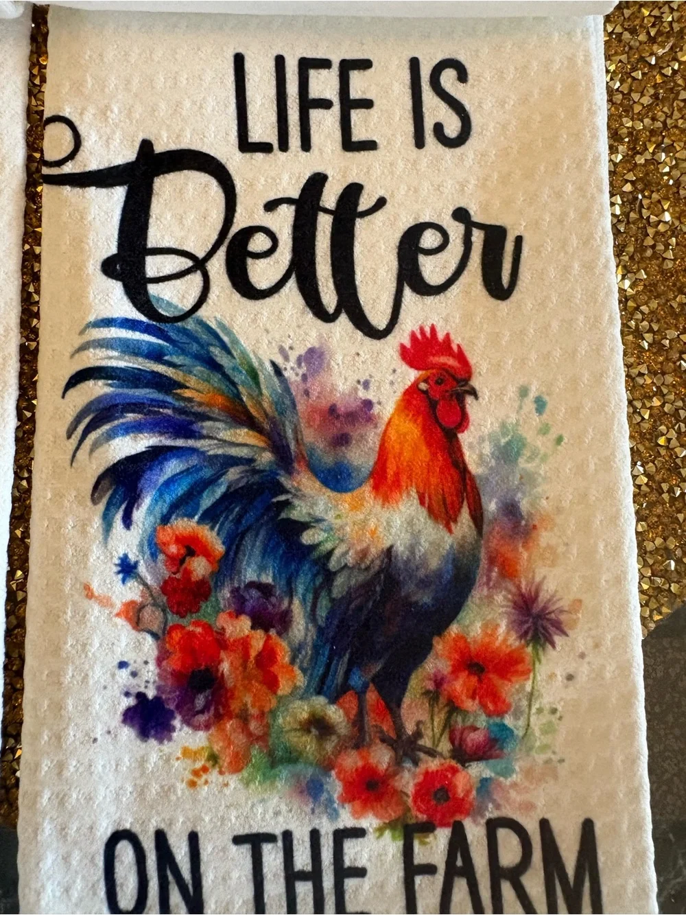 Set of 2 NWT Colorful Rooster Kitchen Towels -“Life is better on the Farm”